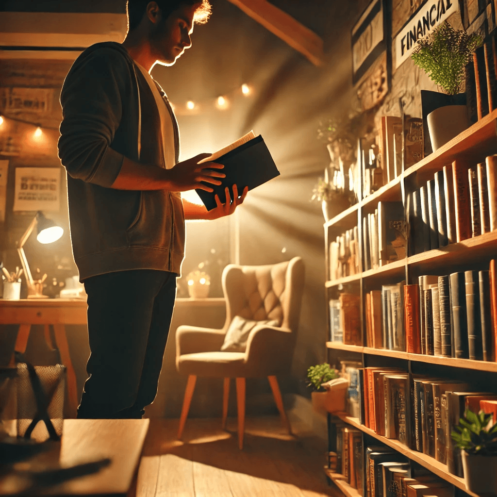 Человек стоит перед книжной полкой
