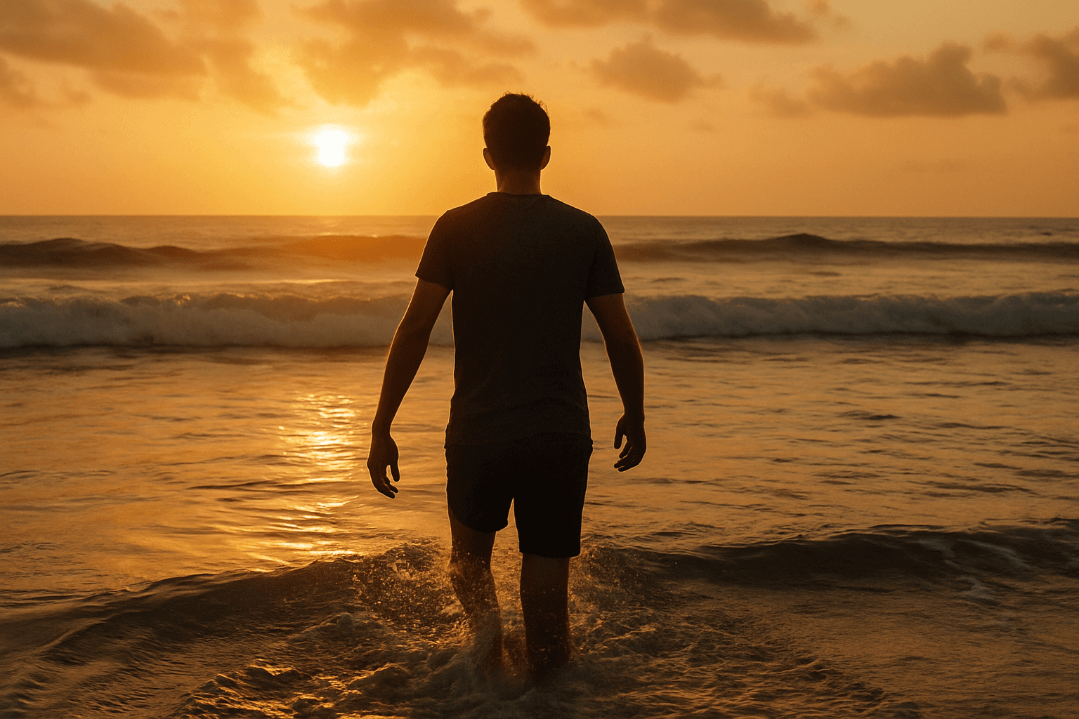 человек идёт по воде навстречу восходящему солнцу