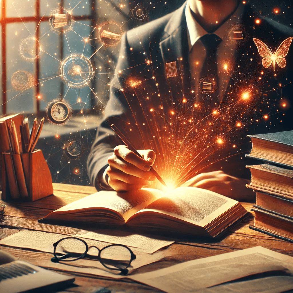 Человек за столом с разбросанными книгами