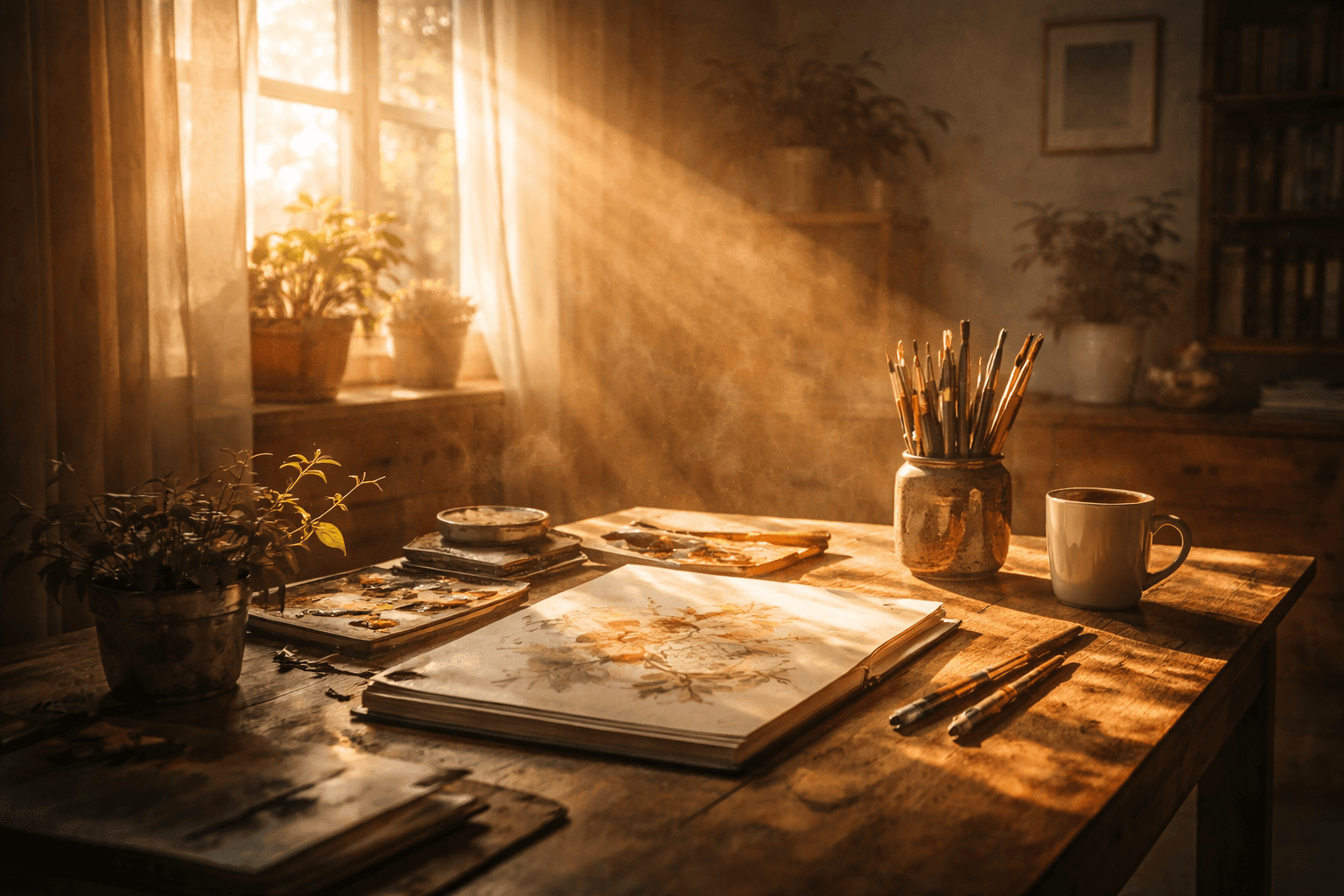 Пространство творчества, наполненное мягким светом, где создание рождается изнутри как естественное движение жизни