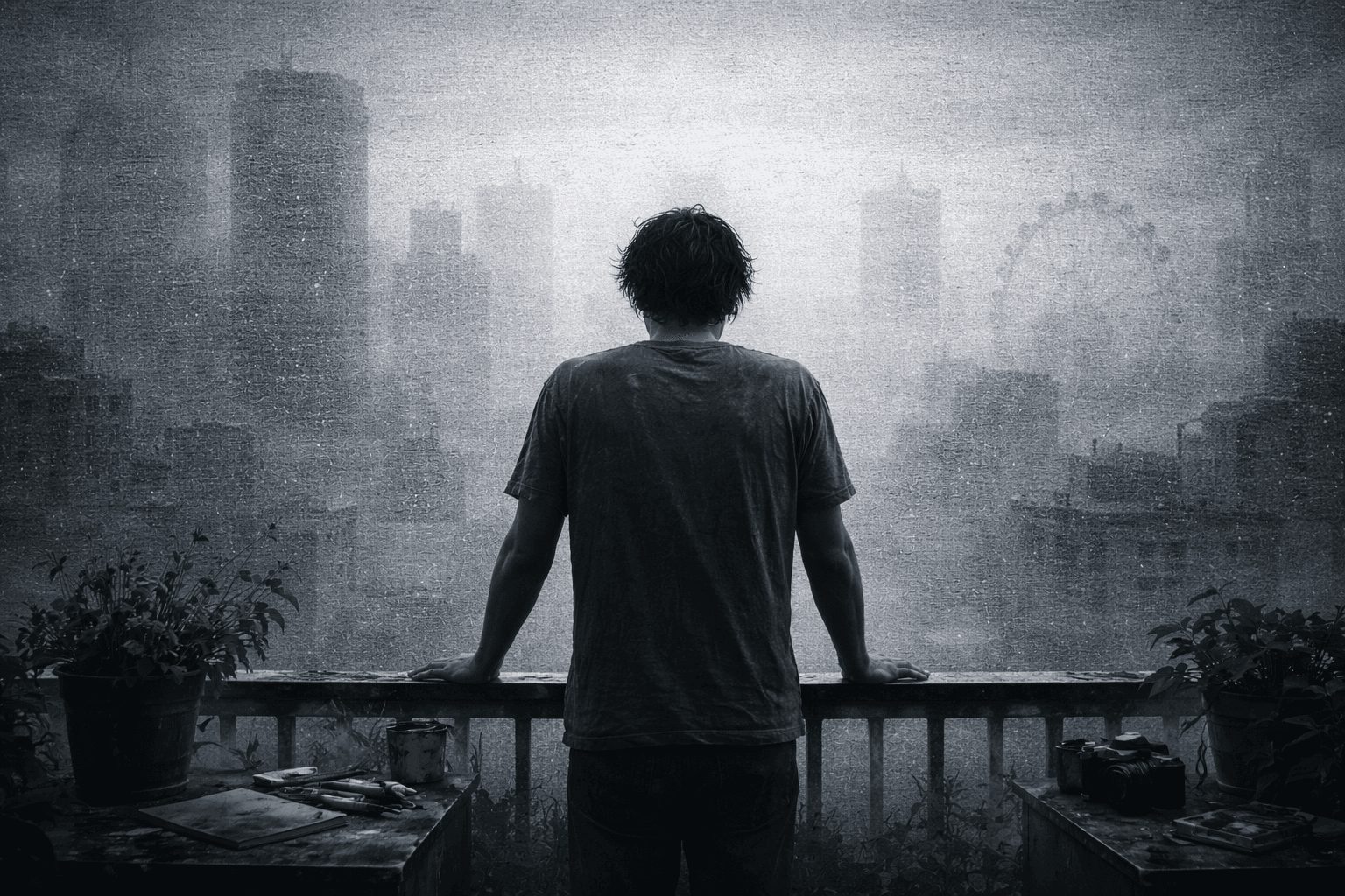 Человек стоит на балконе и смотрит на размытый серый город, ощущая внутреннюю пустоту, потерю вкуса к жизни и тихую паузу между этапами пути