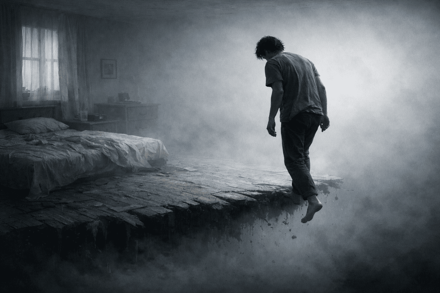 Человек стоит на краю разрушенного пола в туманной комнате, символизируя внутреннюю пустоту, потерю смысла и отсутствие опоры в жизни