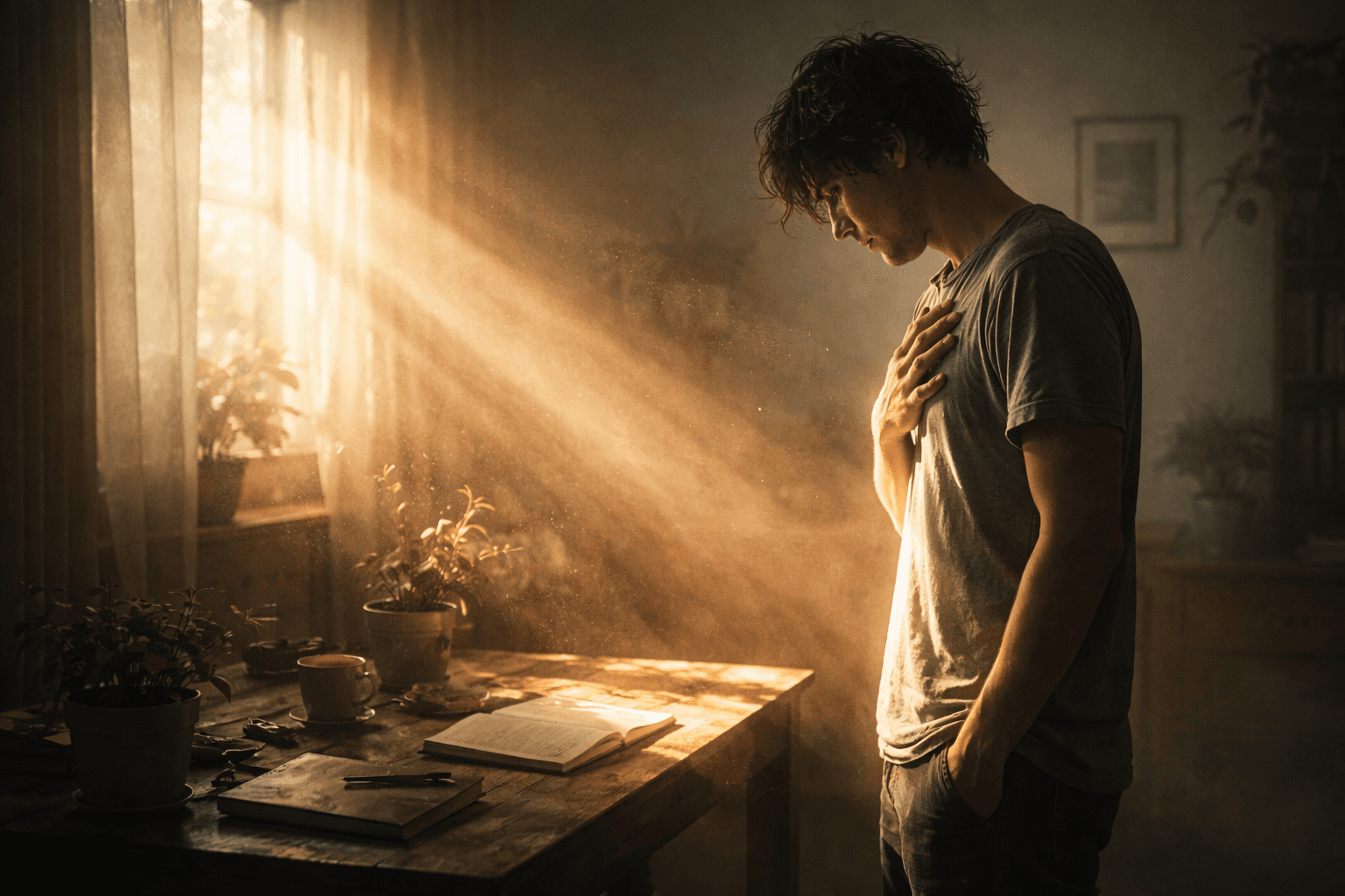 Момент внутреннего осознания и тихого принятия себя в утреннем свете