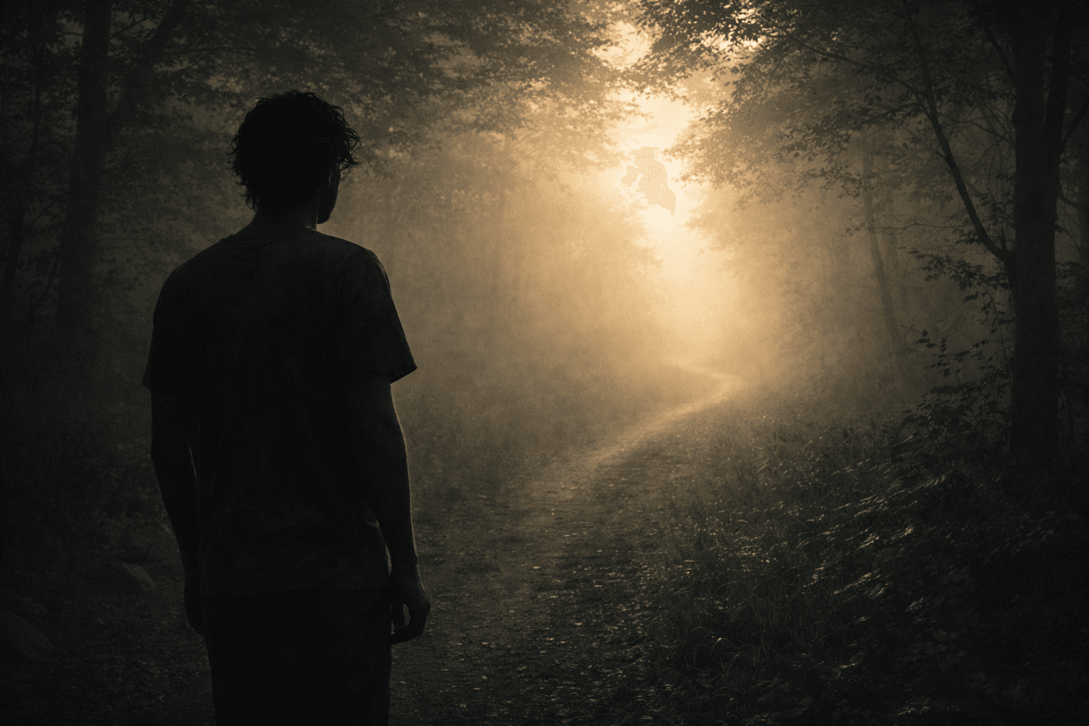 Человек стоит на краю туманной лесной тропы перед первым шагом, доверяя жизни и позволяя пути открыться