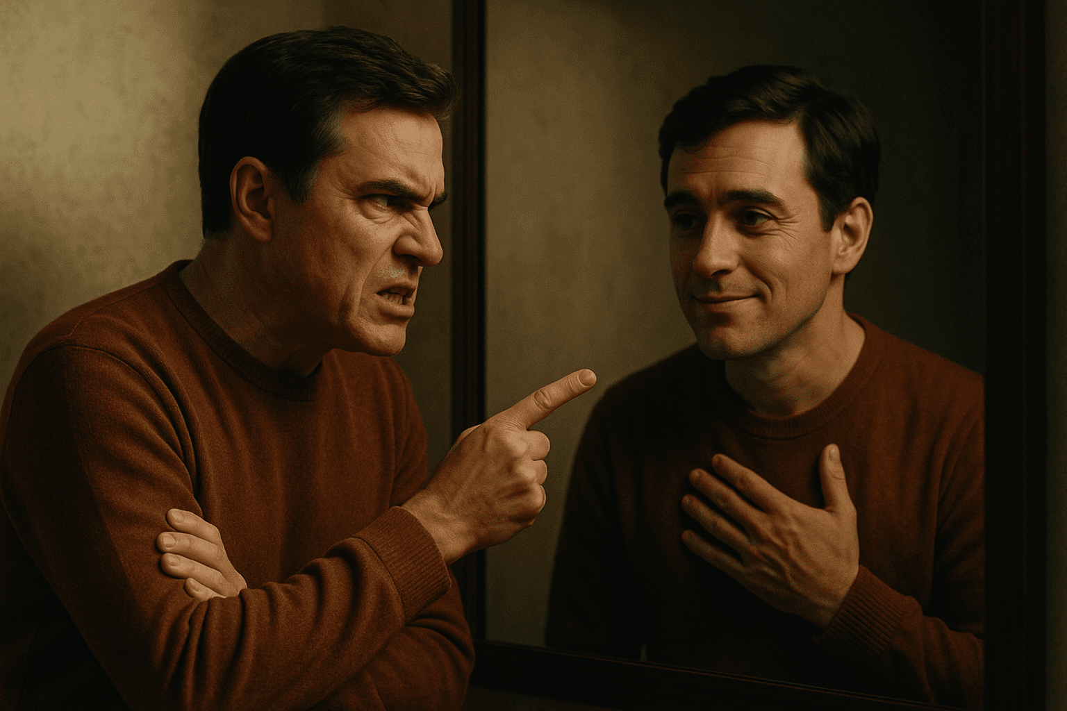 человек стоит перед зеркалом и смотрит на своё отражение