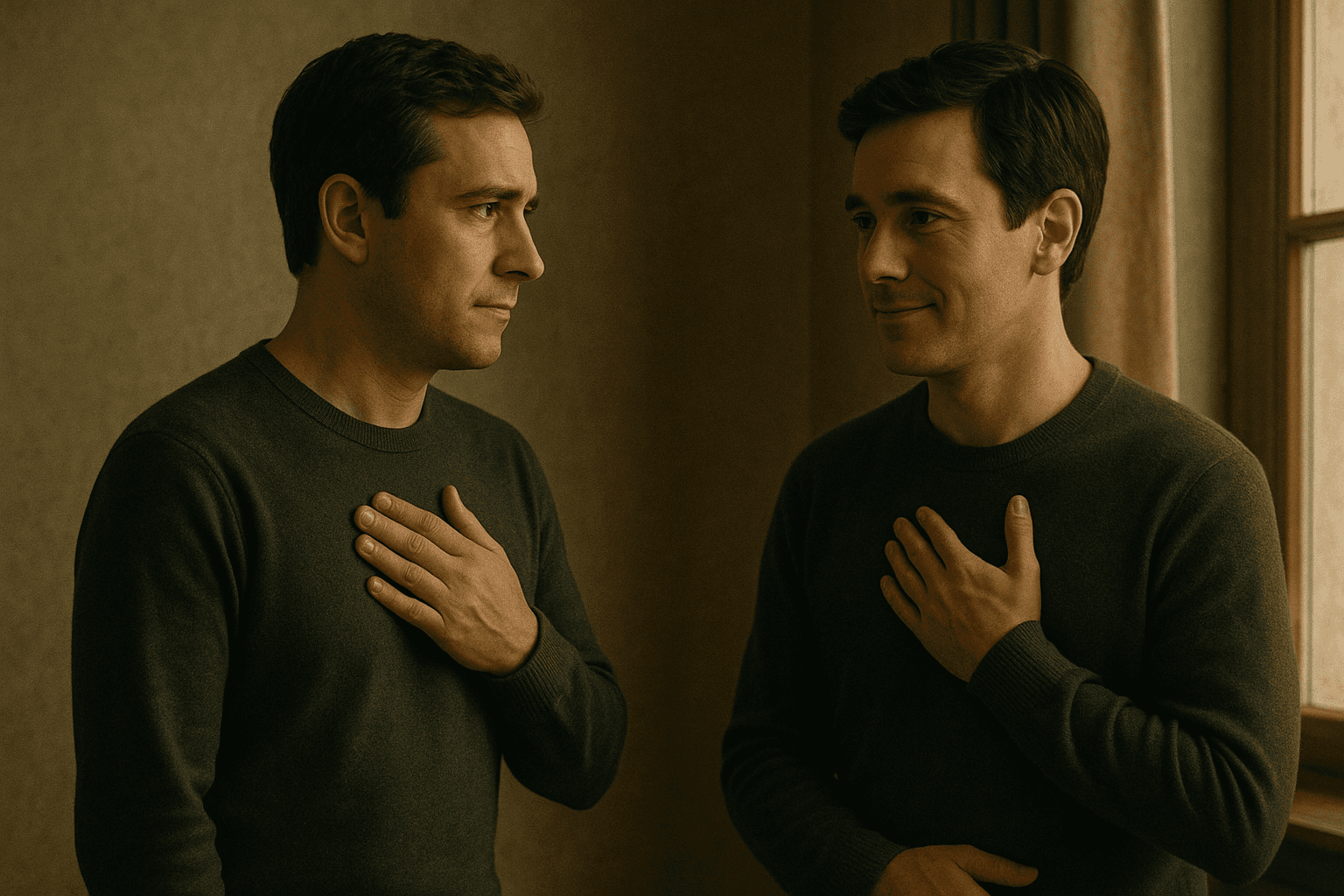 человек с рукой на груди смотрит на своё отражение в зеркале